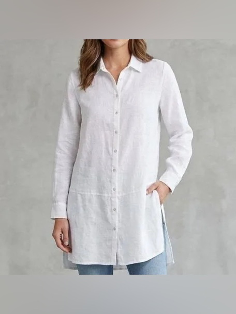 Tahari White Longline Button-Down Linen Shirt size medium